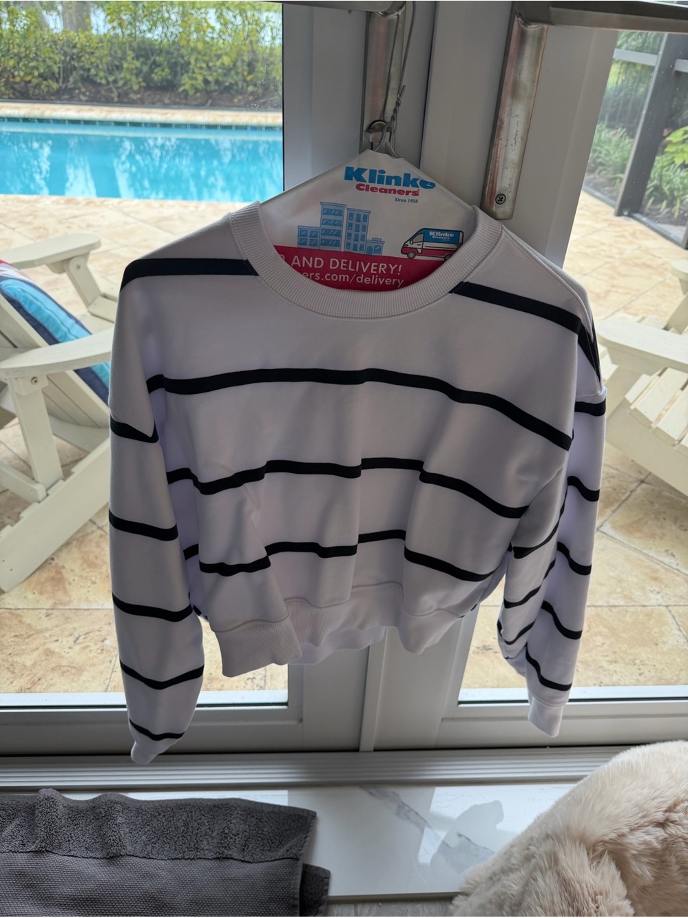 Athleta White Crewneck Sweatshirt with Black Stripes